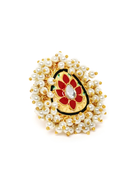 

Peora Cream-Coloured & Red Gold-Plated Enamelled Meenakari Adjustable Finger Ring