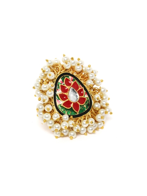 

Peora Green & Red Gold-Plated Enamelled Meenakari Adjustable Finger Ring
