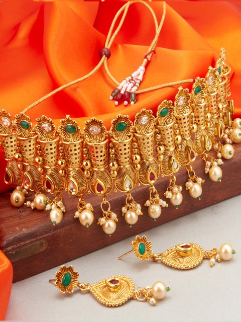 

Peora Pink & Green Gold-Plated Kundan & Pearl Temple Jewellery Set