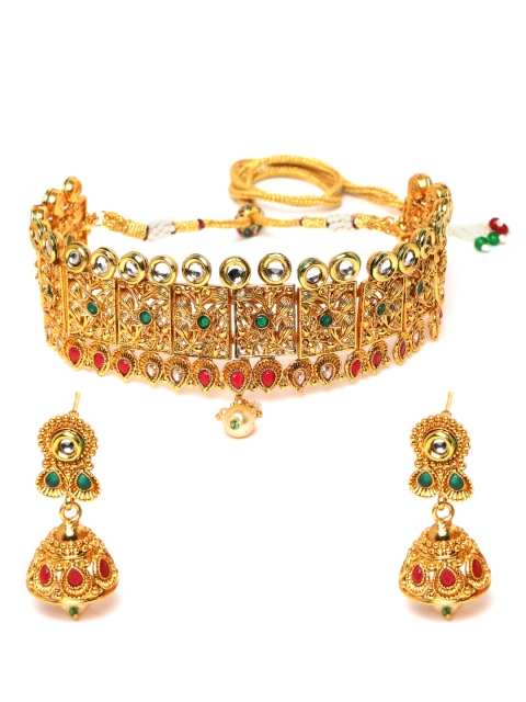 

Peora Pink & Green Gold-Plated Kundan & Pearl Temple Jewellery Set