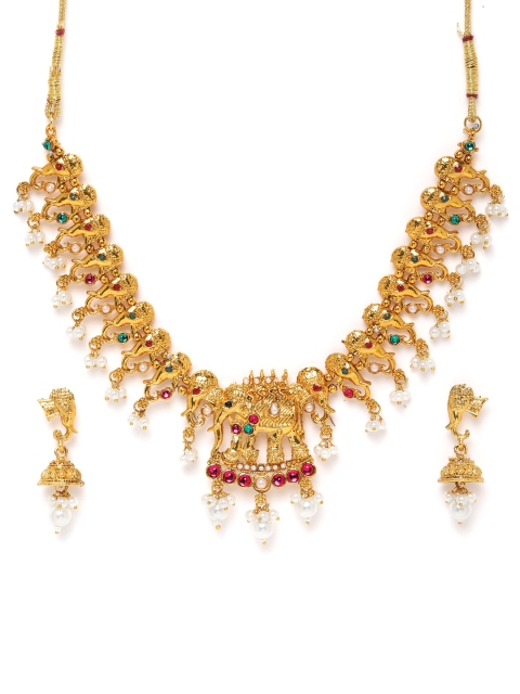 

Peora Pink & Green Gold-Plated Pearl Temple Jewellery Set