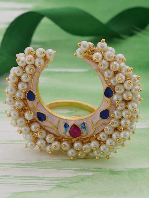 

Peora Pink & White Gold-Plated Enamelled Meenakari Pearl Adjustable Finger Ring