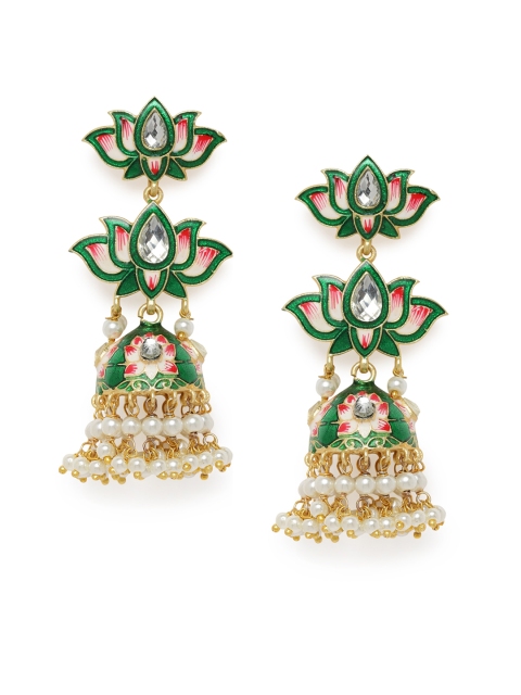 

Peora Green Gold-Plated Meenakari Enamelled Dome Shaped Jhumkas