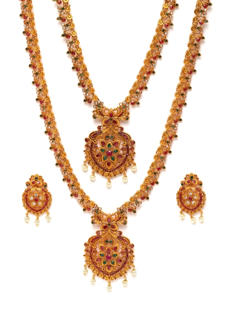 

Peora Pink & Green Gold-Plated Pearl Temple Jewellery Set