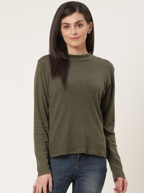 

AMERICAN EAGLE OUTFITTERS Women Olive Green Solid High Neck T-shirt