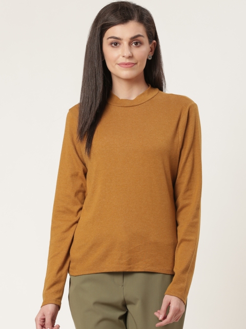 

AMERICAN EAGLE OUTFITTERS Women Mustard Brown Solid High Neck T-shirt