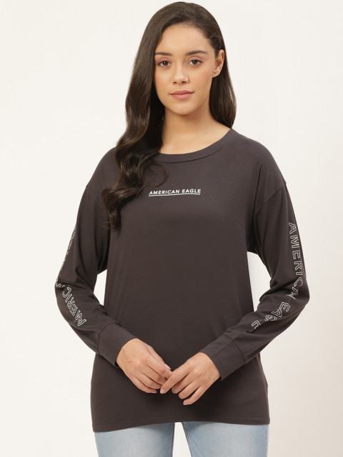 

AMERICAN EAGLE OUTFITTERS Women Charcoal Grey Solid Round Neck T-shirt