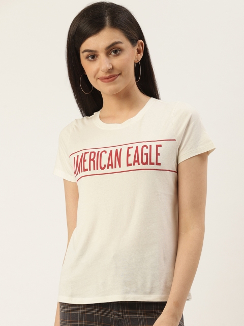 

AMERICAN EAGLE OUTFITTERS Women Off-White & Red Printed Round Neck T-shirt
