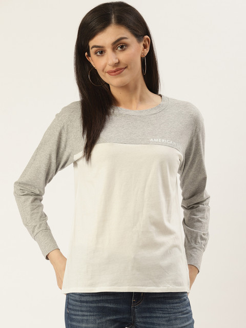 

AMERICAN EAGLE OUTFITTERS Women Off-White Grey Melange Colourblocked Round Neck Pure Cotton T-shirt