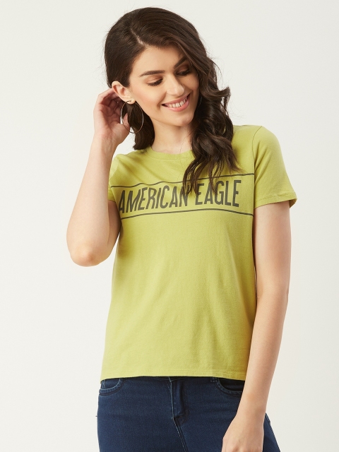 

AMERICAN EAGLE OUTFITTERS Women Lime Green & Black Brand Logo Printed Round Neck T-shirt