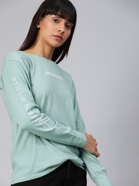 

AMERICAN EAGLE OUTFITTERS Women Turquoise Blue Printed Round Neck Pure Cotton T-shirt