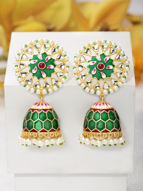 

Peora Green Gold-Plated Meenakari Enamelled Handcrafted Dome Shaped Jhumkas