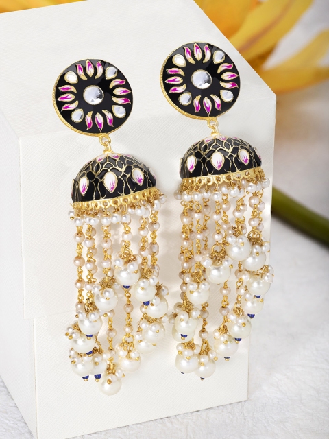 

Peora Black Gold-Plated Enamelled Tasselled Meenakari Dome Shaped Jhumkas