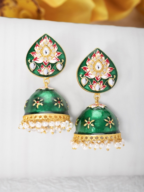 

Peora Green Gold-Plated Meenakari Enamelled Dome Shaped Jhumkas