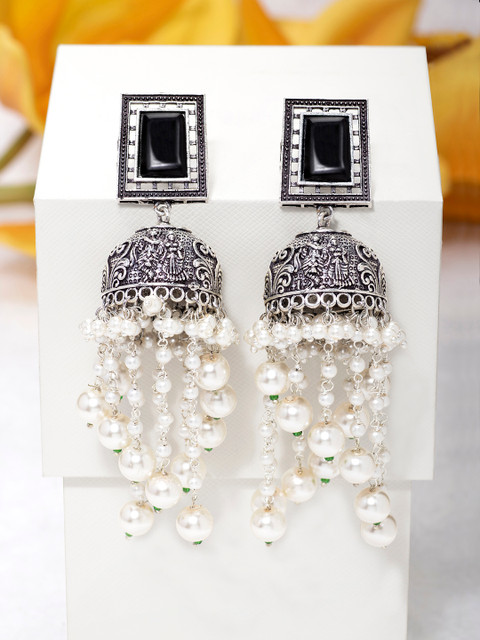 

Peora Oxidised Black Silver-Plated Tasselled Dome Shaped Jhumkas