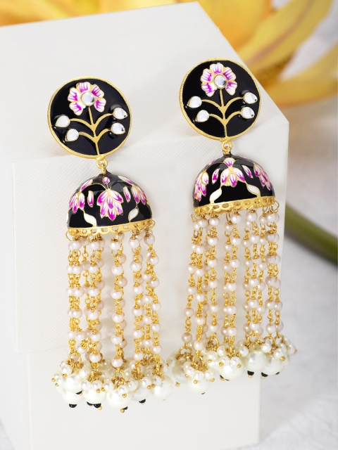 

Peora Black Gold-Plated Meenakari Enamelled Tasselled Handcrafted Dome Shaped Jhumkas