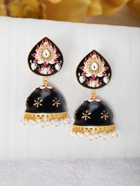 

Peora Black Gold-Plated Enamelled Meenakari Dome Shaped Jhumkas