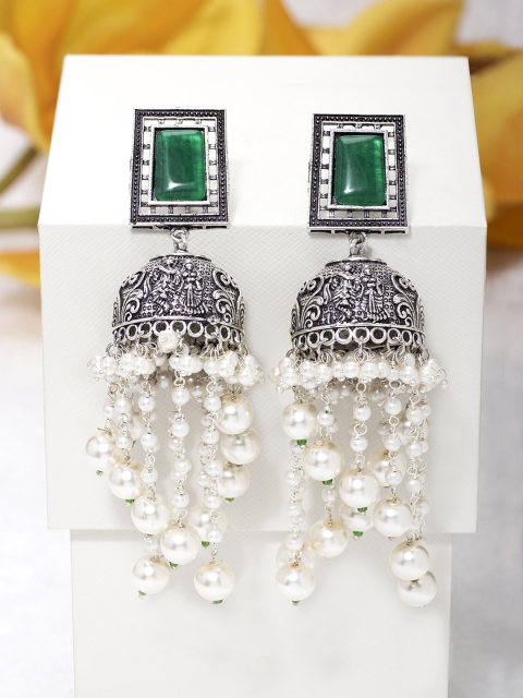 

Peora Silver-Plated & Green Oxidised Dome Shaped Jhumkas