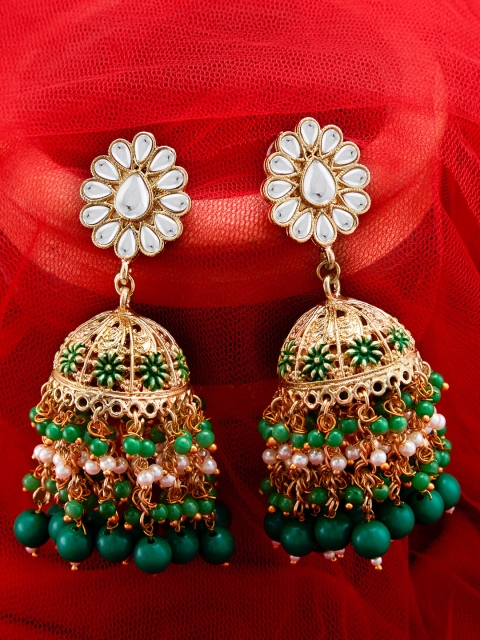 

Peora Green Gold-Plated Tasselled Meenakari Handcrafted Dome Shaped Jhumkas