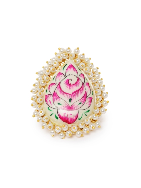 

Peora Pink Gold-Plated Enamelled Meenakari Handcrafted Pearl Adjustable Finger Ring