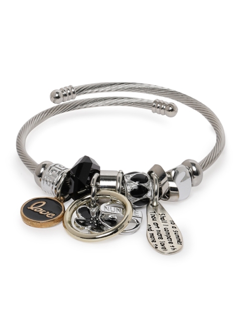 

Peora Black Silver-Plated Enamelled Adjustable Charm Bracelet