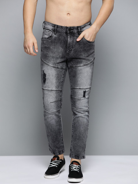

HERE&NOW Men Charcoal Grey Ankle Slim Fit Mid-Rise Mildly Distressed Stretchable Jeans