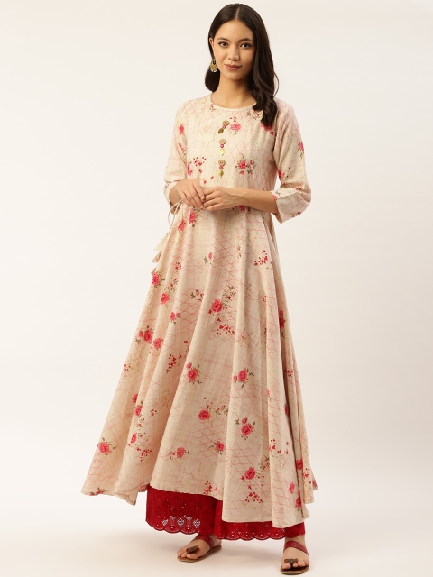 

shiloh Women Off-White & Pink Floral Print Anarkali Kurta, Cream