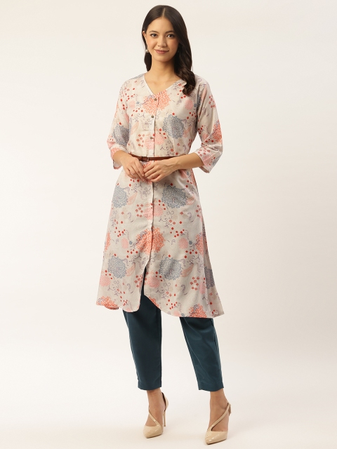

shiloh Women Off-White & Teal Blue Printed Kurta with Trousers