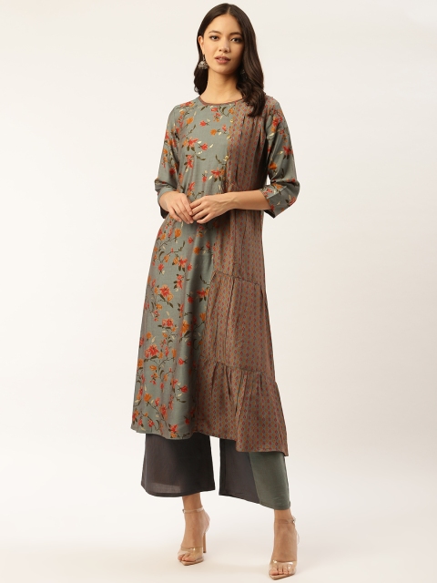 

shiloh Women Charcoal Grey & Rust Orange Printed A-Line Kurta