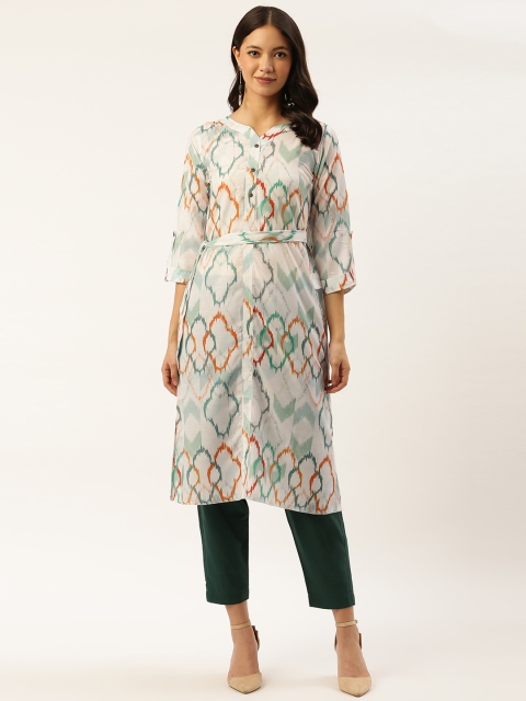 

shiloh Women White & Orange Printed Kurta with Trousers