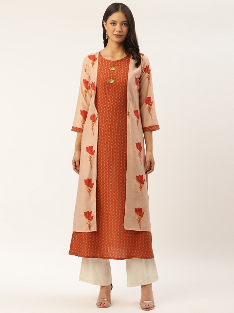 

shiloh Women Peach-Coloured & Rust Orange Printed Layered A-Line Kurta