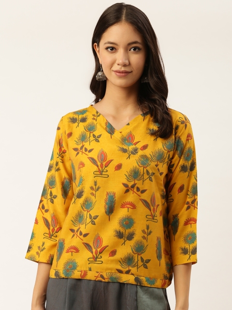 

shiloh Women Mustard Yellow & Teal Green Printed Wrap Top