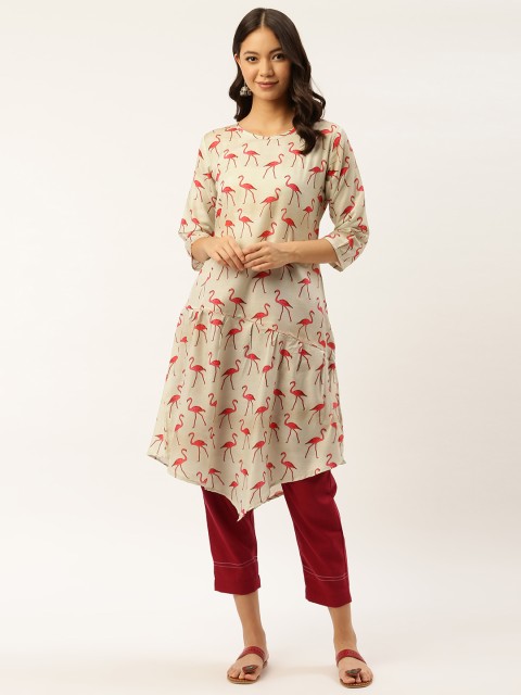 

shiloh Women Off-White & Maroon Swan Print Asymmetric Kurta with Trousers