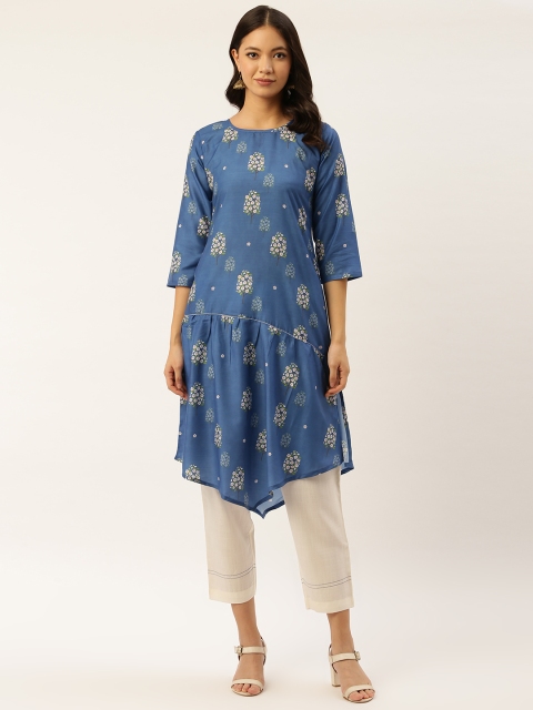 

shiloh Women Blue & Off-White Asymmetric Printed Kurta with Trousers