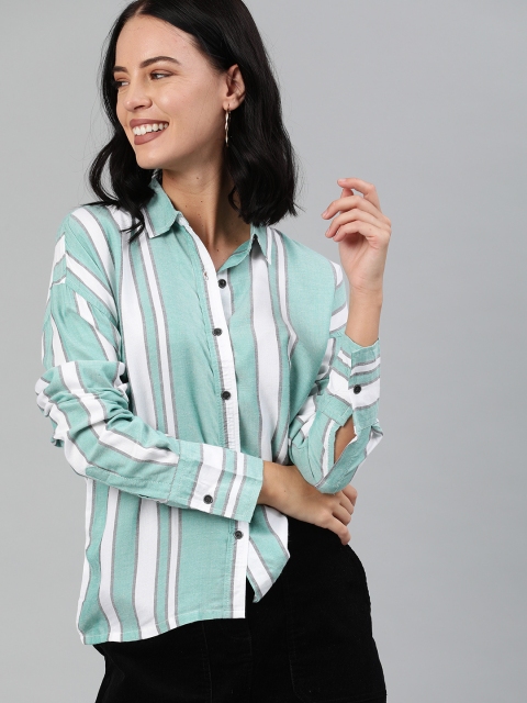 

HERE&NOW Women Green & White Regular Fit Striped Casual Shirt