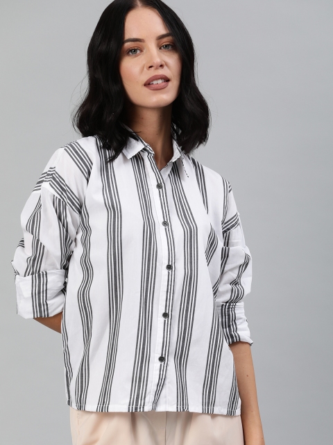

HERE&NOW Women White & Grey Regular Fit Striped Casual Shirt
