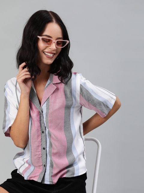 

HERE&NOW Women White & Mauve Regular Fit Striped Casual Shirt