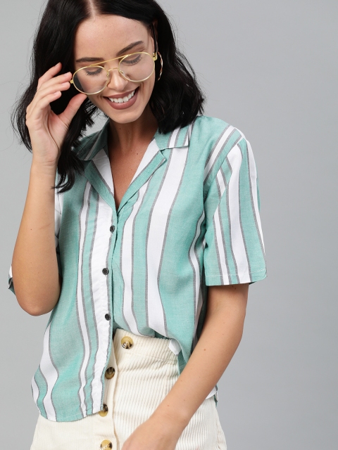 

HERE&NOW Women Green & White Regular Fit Striped Casual Shirt