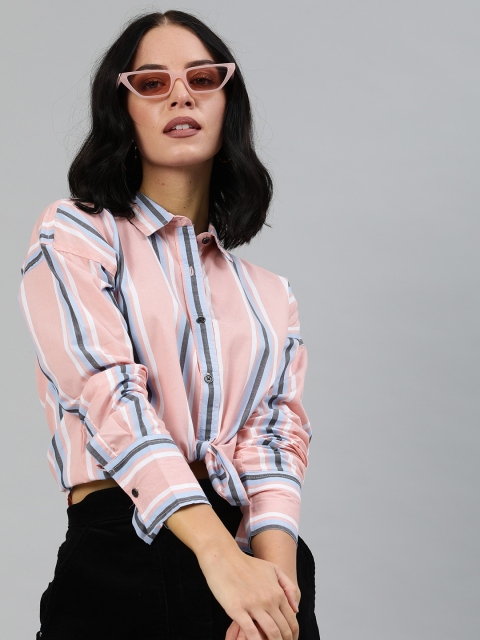 

HERE&NOW Women Pink & Blue Regular Fit Striped Casual Shirt