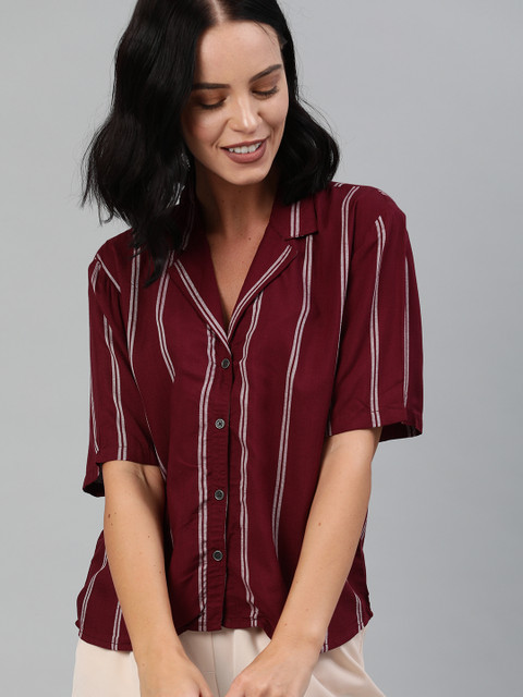 

HERE&NOW Women Maroon & White Regular Fit Striped Casual Shirt