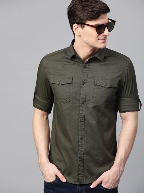 

HERE&NOW Men Olive Green Slim Fit Solid Casual Shirt