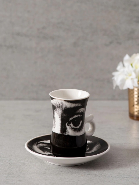 THEDECORKART Set Of 6 White & Black Printed The Woman Demitasse Ceramic Cups & Saucers