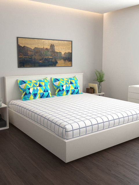 

daybreak White & Turquoise Geometric 180 TC Cotton 1 Queen Bedsheet with 2 Pillow Covers