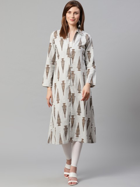 

Kiaasa Women Grey & Brown Printed High-Slit A-Line Kurta