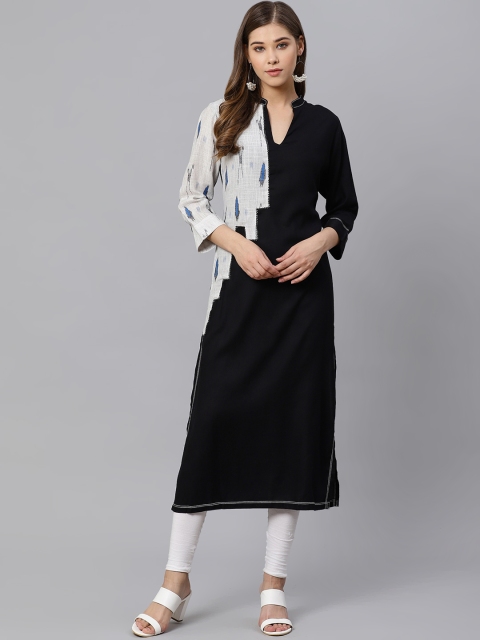 

Kiaasa Women Black & Off-White Colourblocked Straight Kurta With Printed Detail