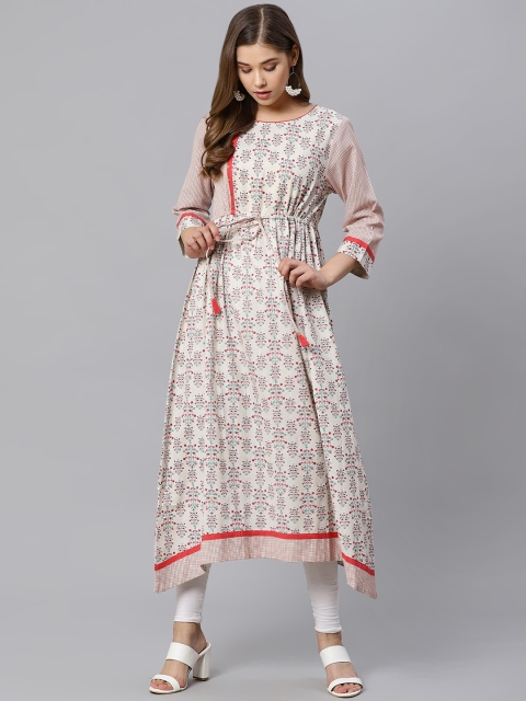 

Kiaasa Women Off-White & Pink Floral Print Asymmetric A-Line Kurta