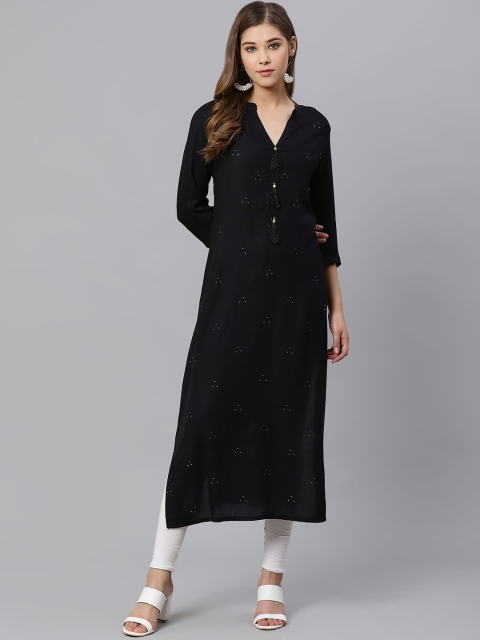 

Kiaasa Women Black Solid Straight Kurta With Printed Detail