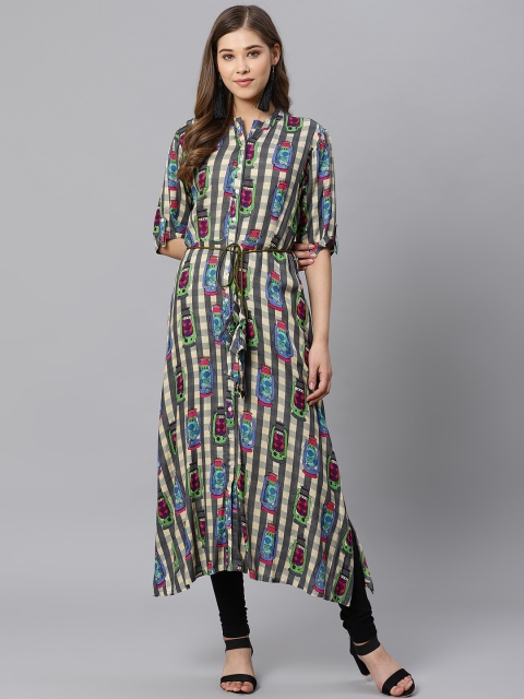 

Kiaasa Women Grey & Beige Quirky Printed A-Line Kurta