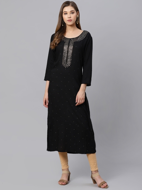 

Kiaasa Women Black Solid Straight Kurta With Stone Studded Detail