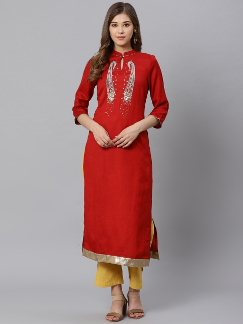 

Kiaasa Women Red Sequinned Embroidered Yoke Design Straight Kurta